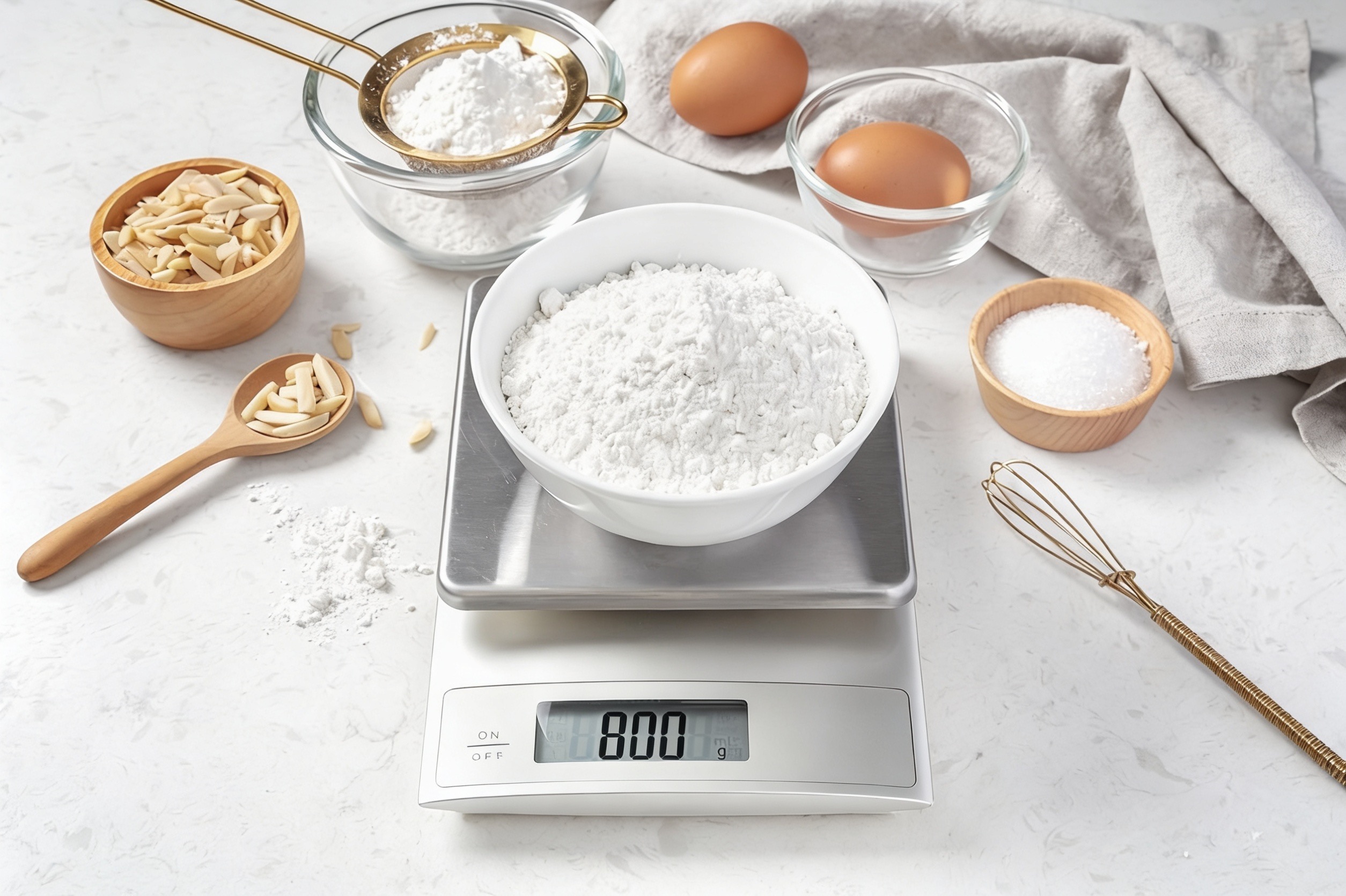 A digital kitchen scale with flour in a white bowl, surrounded by eggs, almond slivers, and salt, illustrating an essay on precision, perfectionism, and what gets measured.