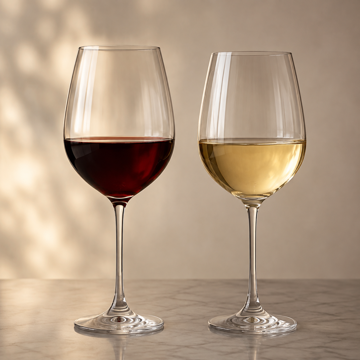 Two wine glasses, red and white.
